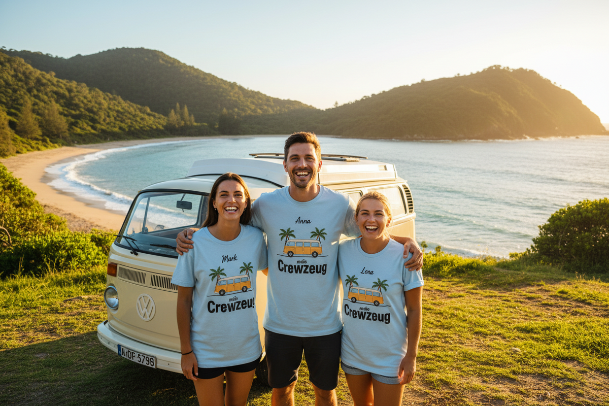 Drei Camper in gleichen Shirts vor ihrem Campervan in einer Bucht